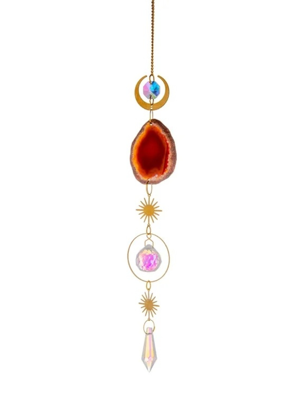 Sun & Moon Hanging Charm with Red Agate Slice and White Faux  Crystals
